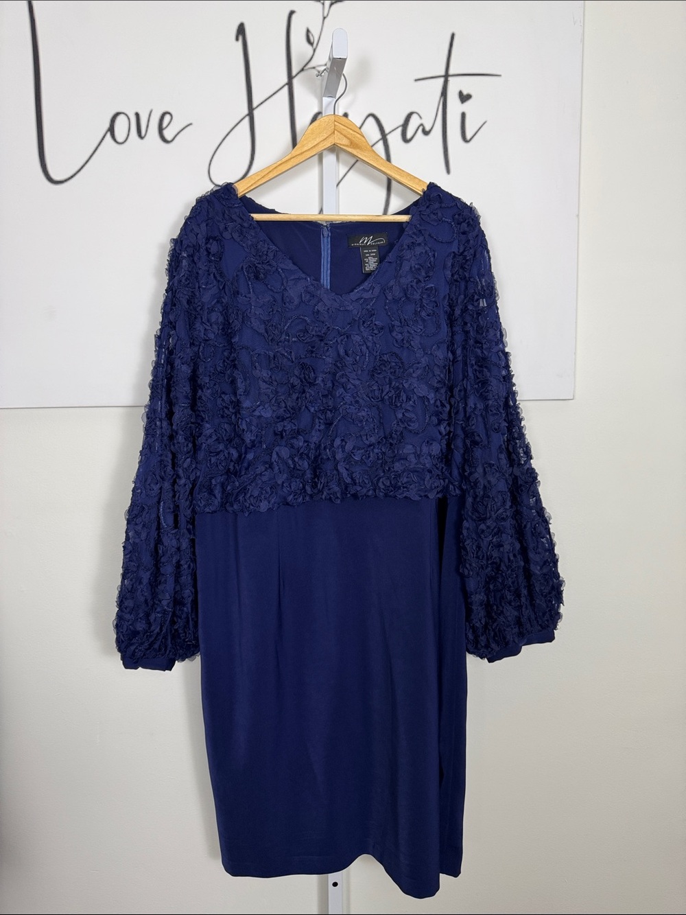 Midnight Velvet Deep Navy Floral Appliqué Long Sleeve Dress Size 24W Plus Size